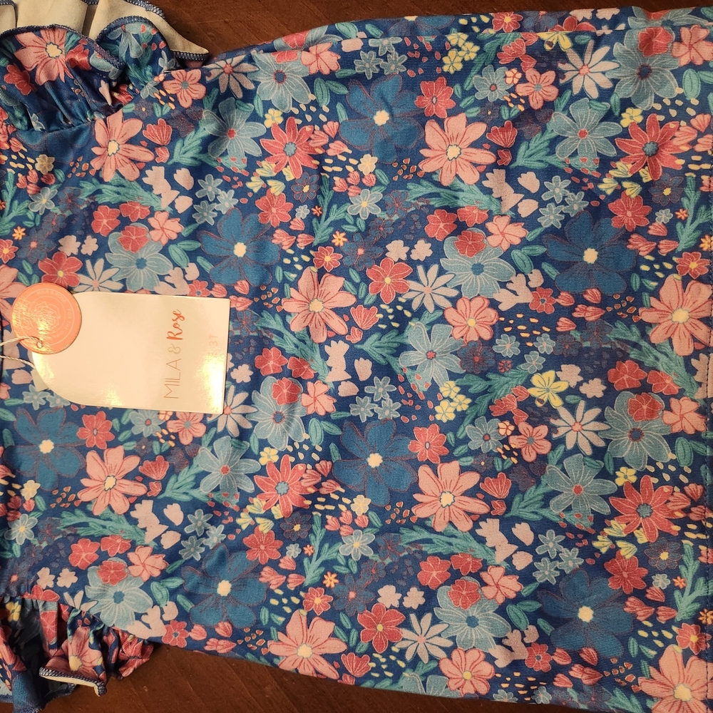 MILA & ROSE 3T Dreaming Daisies Ruffle Girls' Blue Floral Short Sleeve Tee